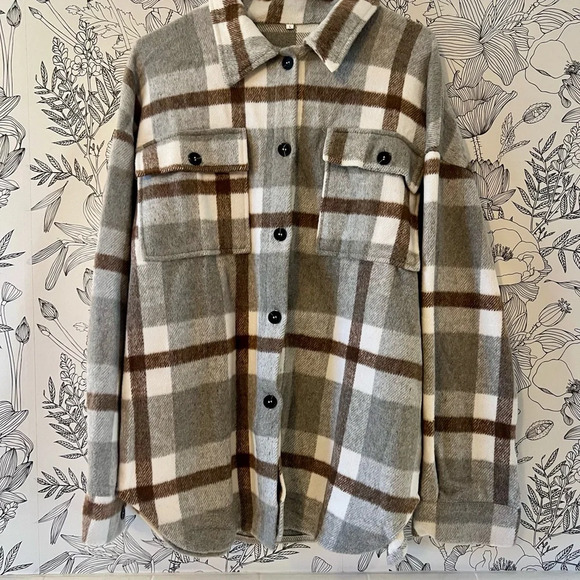 Jackets & Blazers - Plaid Button-Up Shaket - Gray and Brown